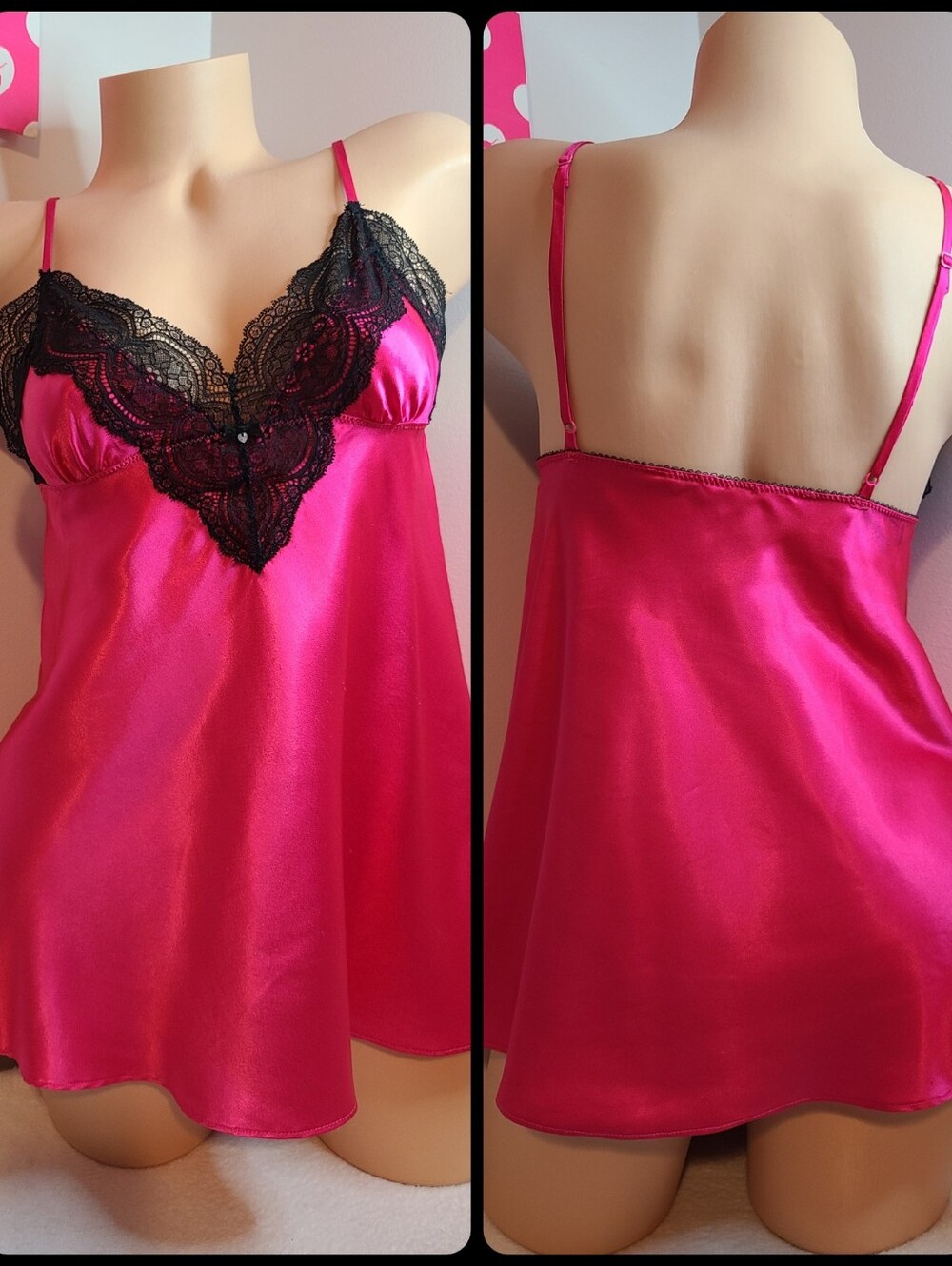 Y2K Victoria's Secret Silky Satin Lace Mini Babydoll Chemise Size Sm Hot Pink
